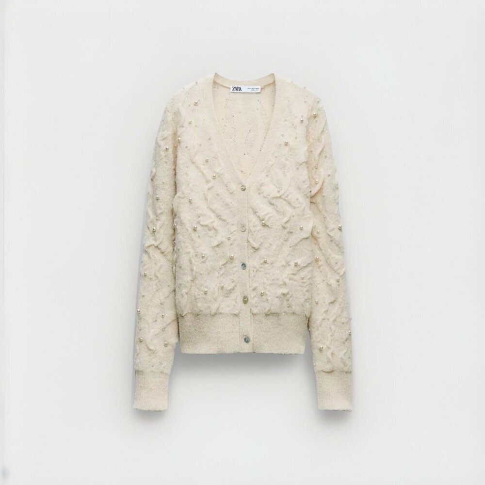 Zara Embellished Cream Beaded Sweater Cardigan - Picture 4 of 10